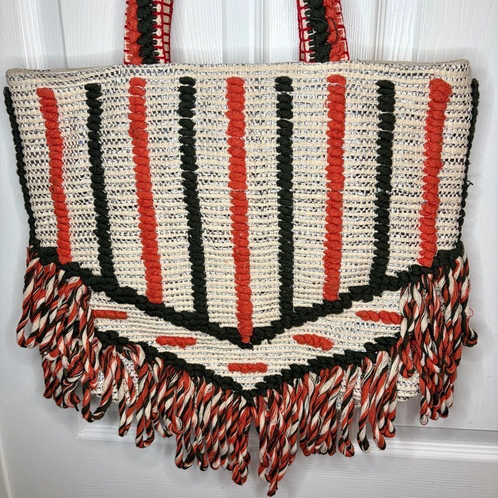 Lilla P Cotton Lurex Coral Cream Silver Metallic Stripe Crochet Beach Tote Bag L - Picture 4 of 13